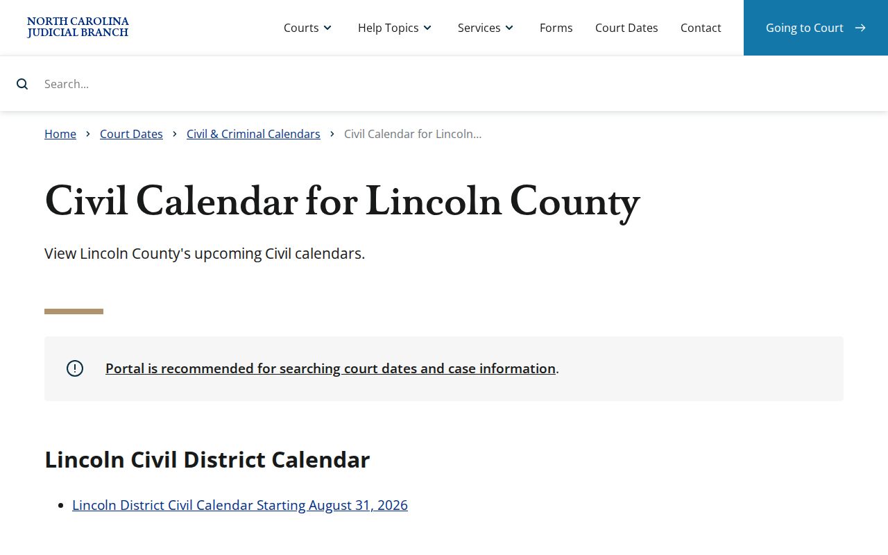 Lincoln County court date civil calendar search results