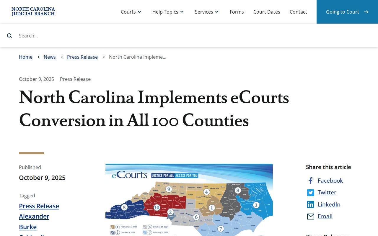 North Carolina eCourts statewide conversion announcement relevant to Lincoln County Portal searches