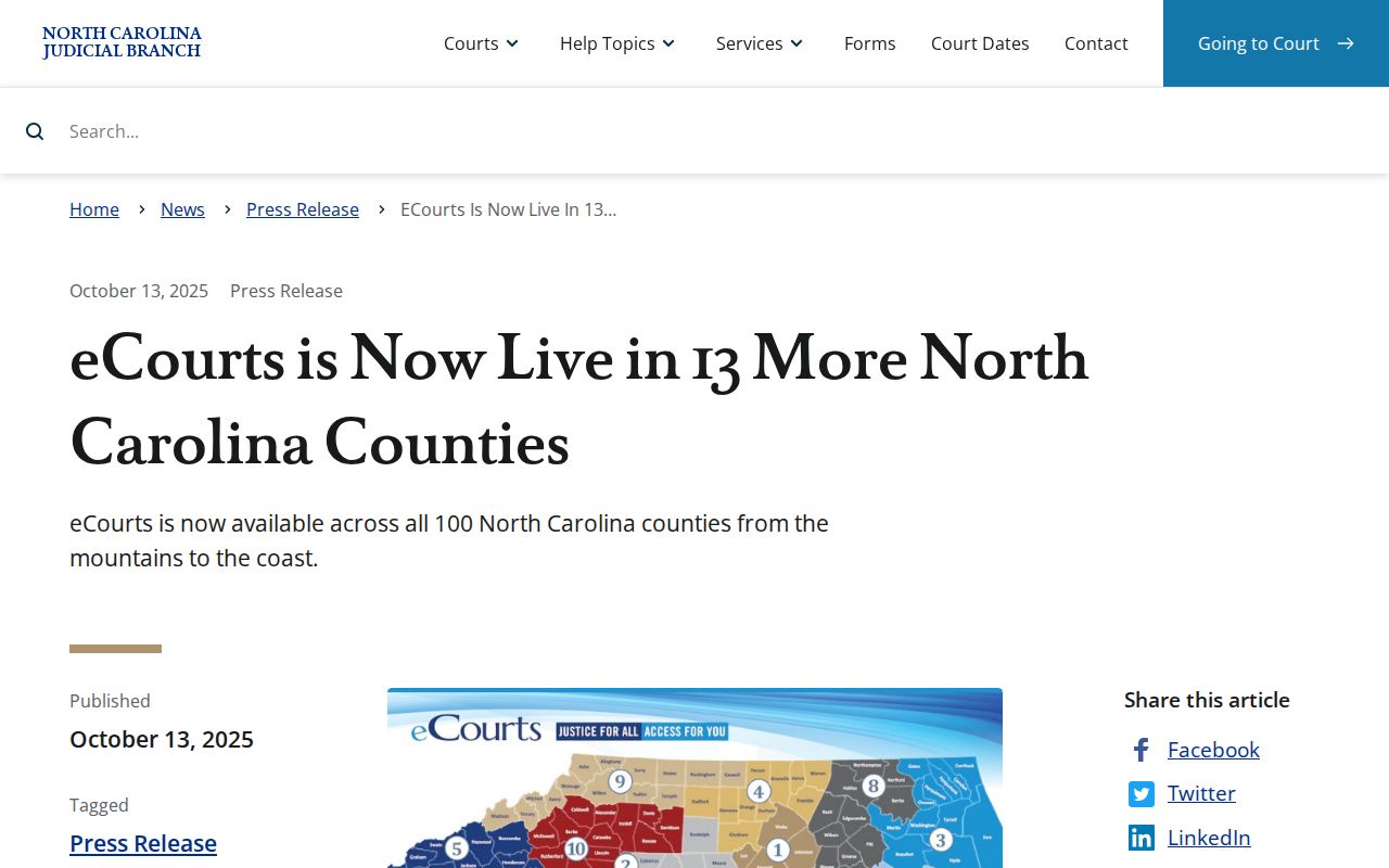 North Carolina Judicial Branch announcement that eCourts became available in Lincoln County